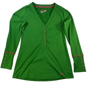 Under Armour Henley Pullover Green Pink Long Sleeve V-Neck Top Medium Womens